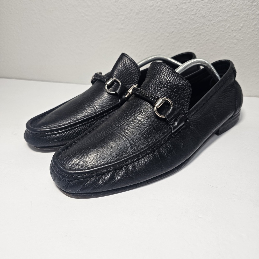 Sandrino Malibu Men's 11.5 Black Pebbled Leather Silver Horsebit Dress Loafers
